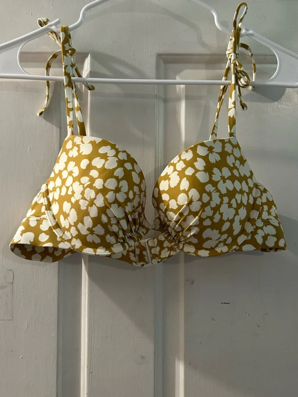aerie Mustard and White Floral Tie-Shoulder Bra Top
